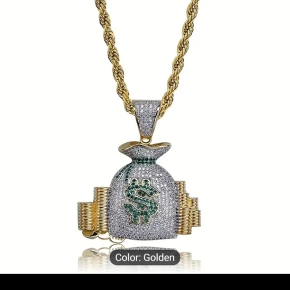 Jewelry iced hip-hop money bag medallion piece with gold plated rope chain - Picture 4 of 5